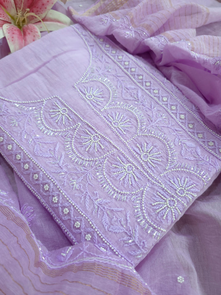 Hiba Premium Mul Chanderi Supersoft Dyeable Chikankari Dress Material | Hand Embroidered with Pearls & Cutdaana | Kurta & Dupatta Set