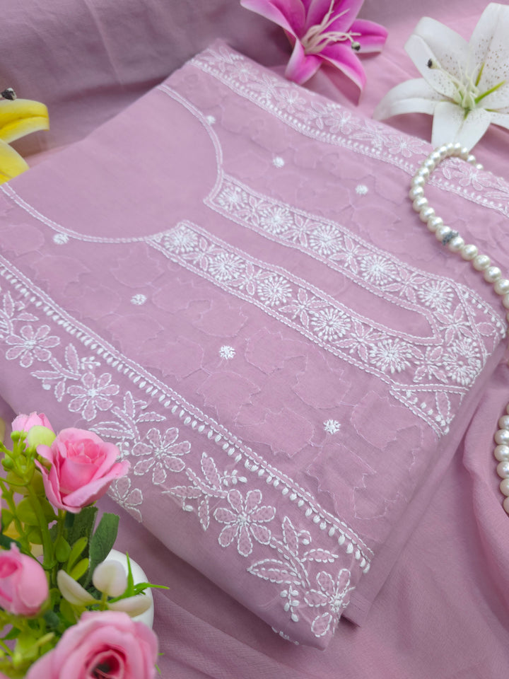 Darz Lucknowi Chikankari  Dress Material – Handmade Cotton Suit with Chiffon Dupatta