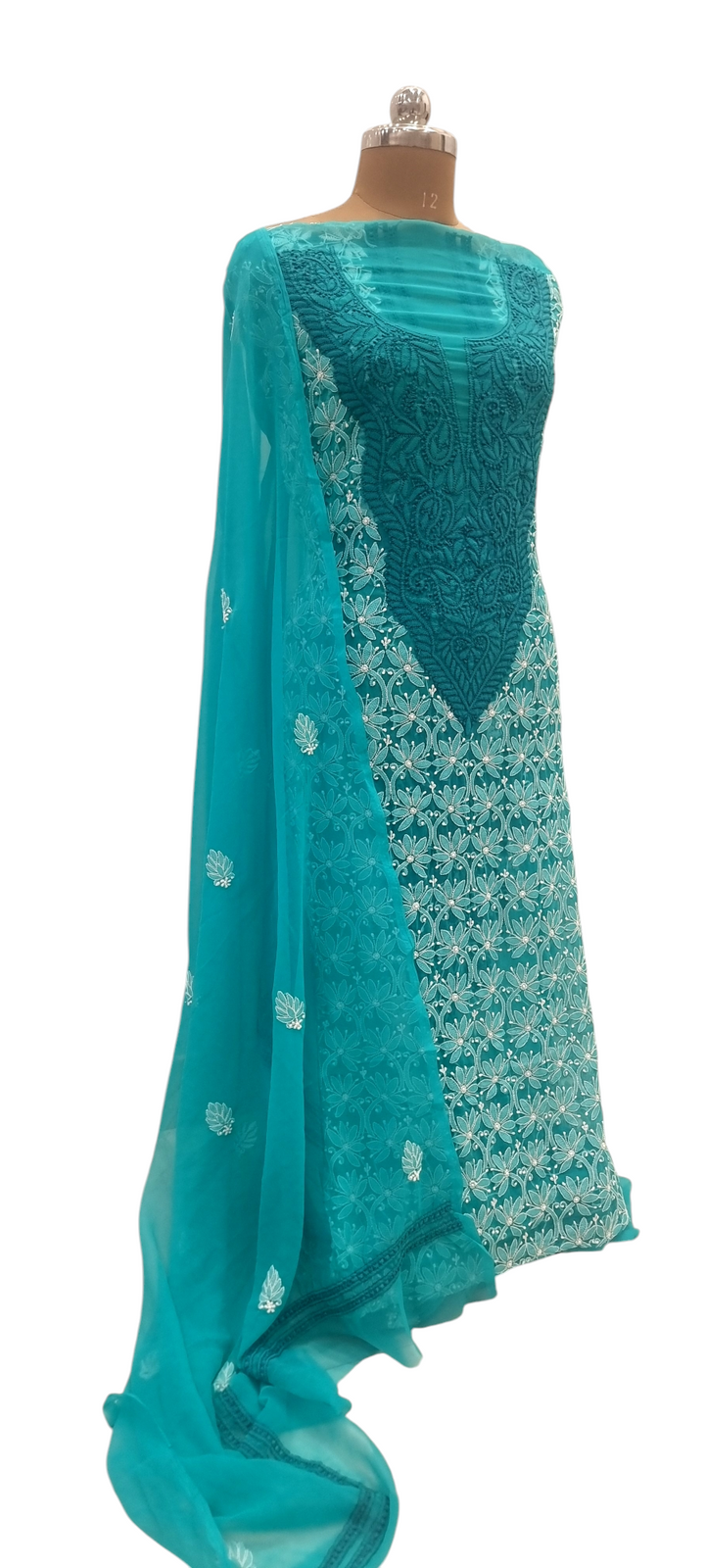 Georgette Chikankari Dress Material- Terquoise