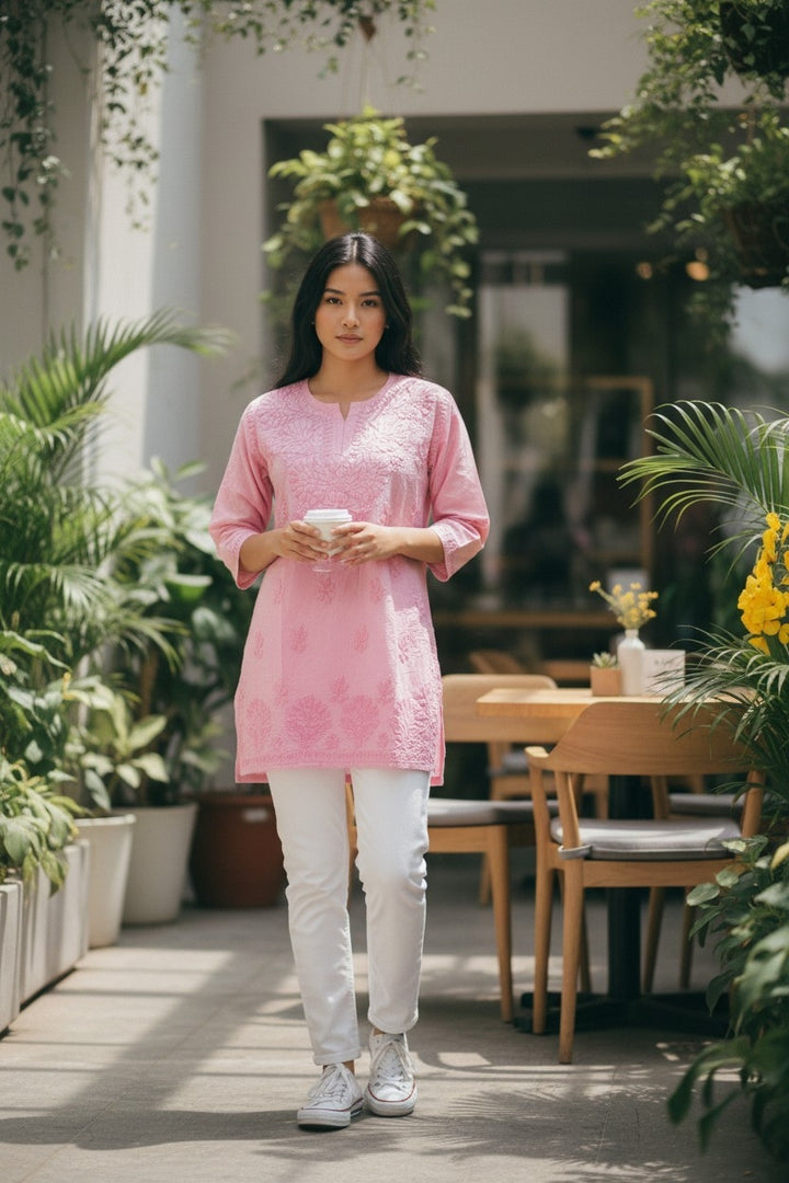 Non transparent Soft Chanderi Chikankari Top 32" length