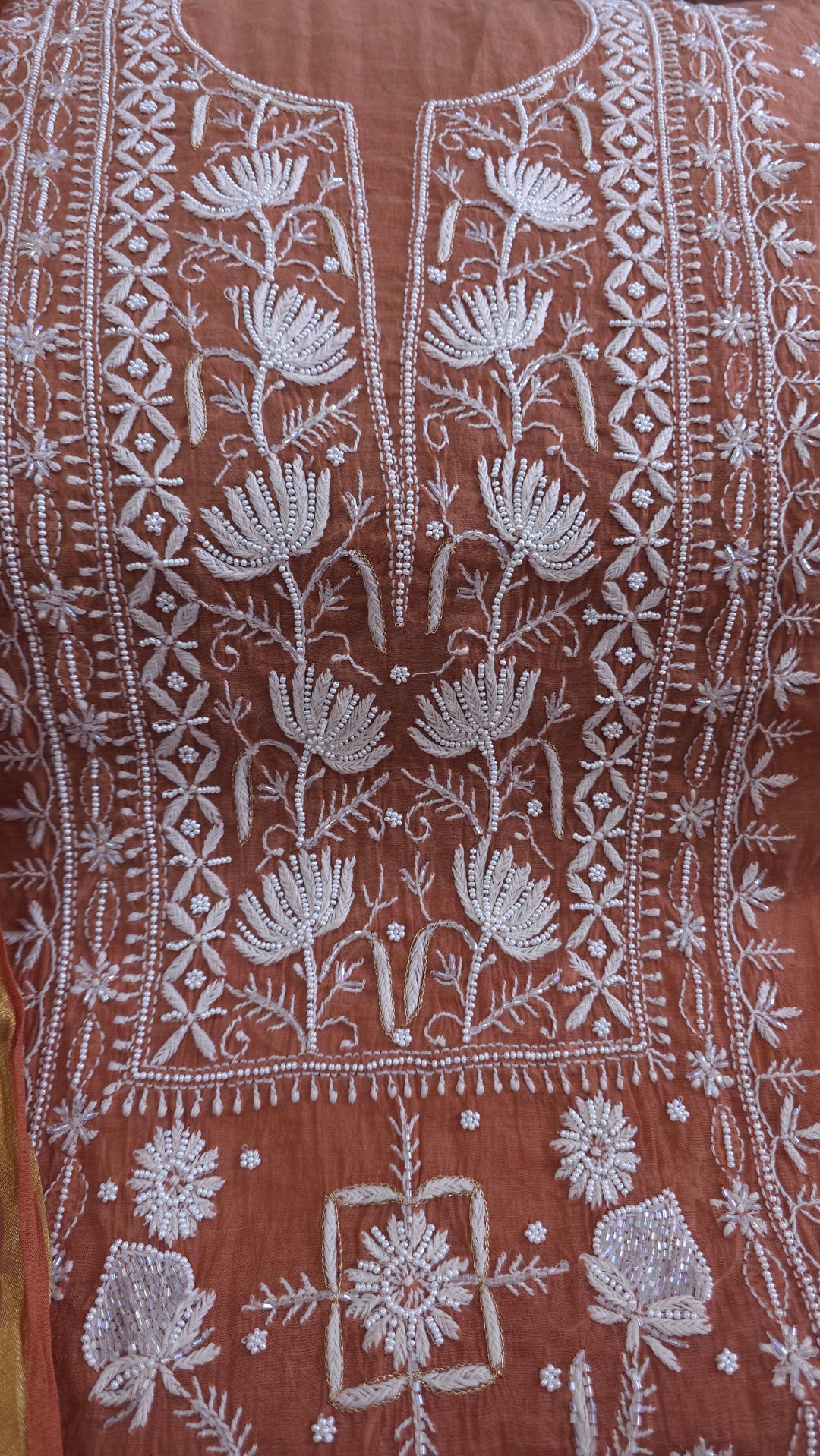 Premium Mul Chanderi Pearl, Cutdana & Kasab Hand Embroidered Unstitched Suit Set