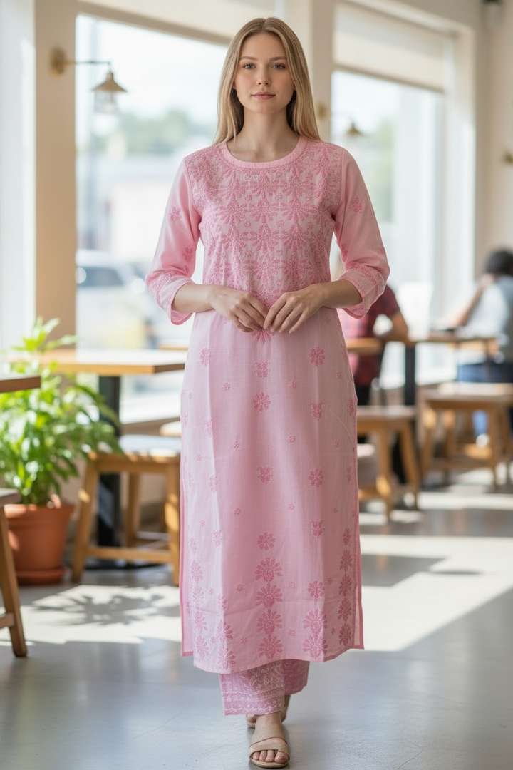 Soft Cotton Chikankari Hand Embroidered Kurti for Women | Premium Soft & Non-Transparent Fabric | 46 Inch Length | Lucknowi Chikan Kurta