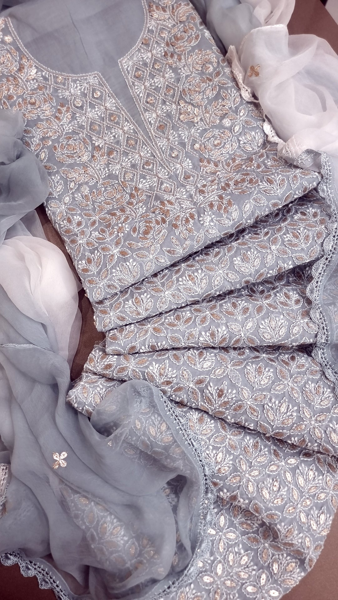 Grey Unstitched Soft Cotton Chikankari Suit Set – Aari, Kasab & Gotta Patti Embellished with Pure Chiffon Dupatta