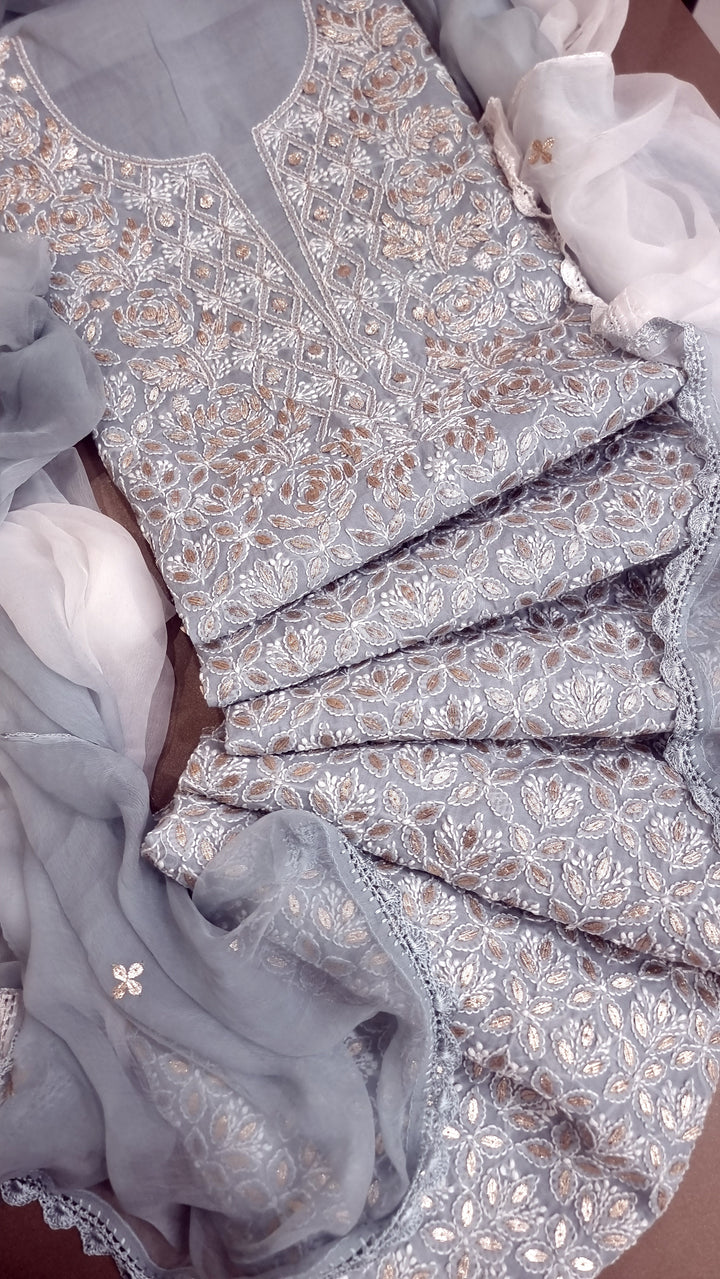 Grey Unstitched Soft Cotton Chikankari Suit Set – Aari, Kasab & Gotta Patti Embellished with Pure Chiffon Dupatta