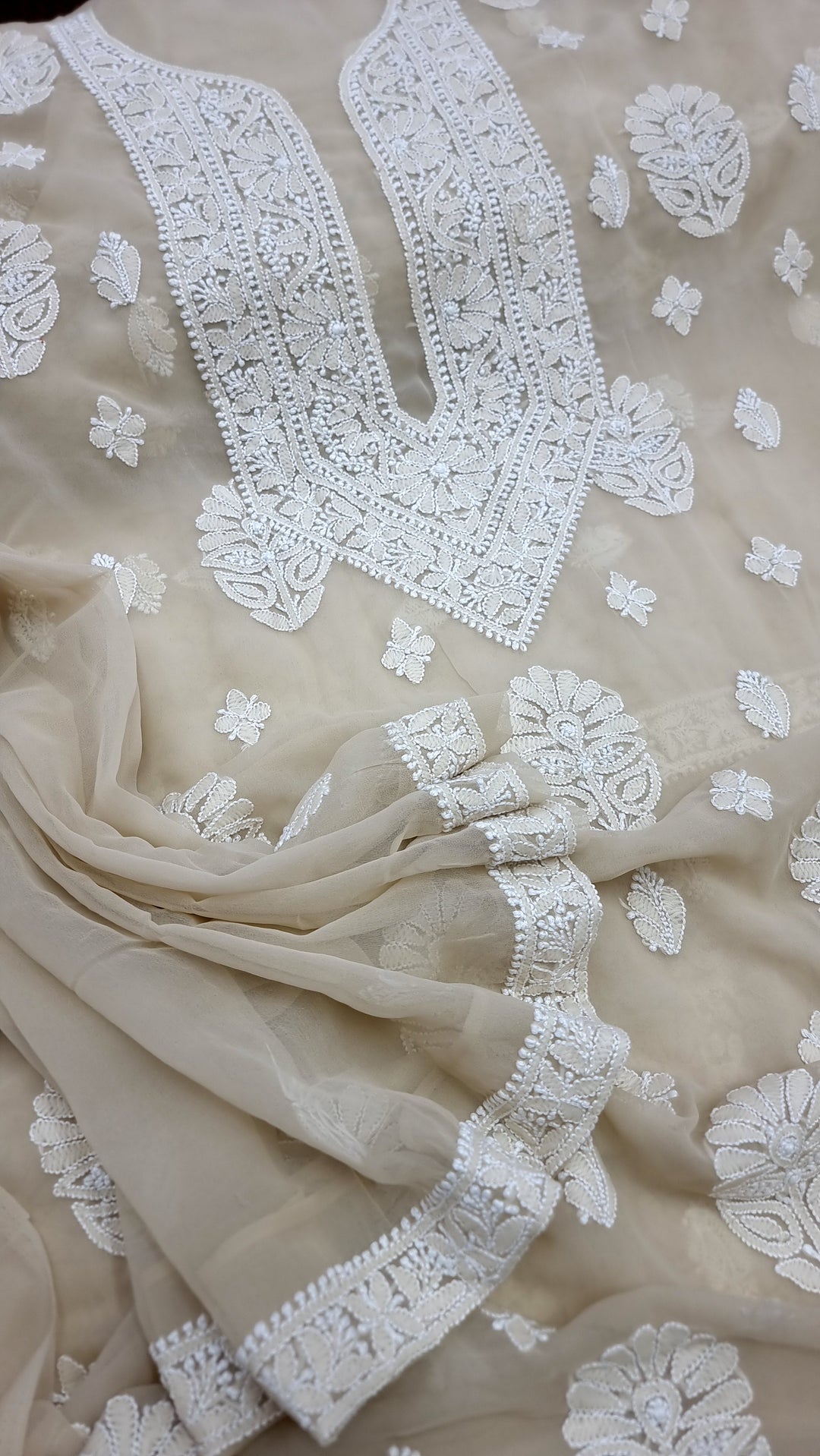 "Paridhan Chikan Pastel Pista Brown Color Georgette Lucknowi Chikankari Unstitched Suit Set – Hand Embroidered Kurta, Bottom & Dupatta for Women"