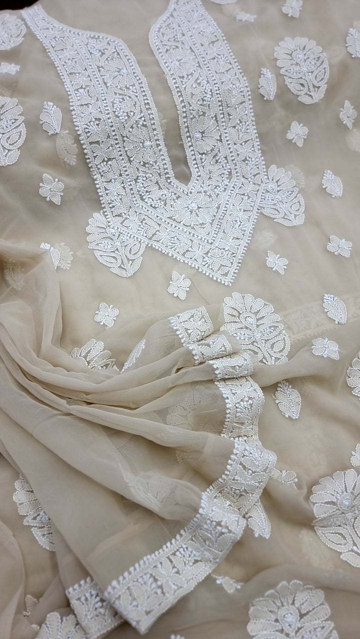 "Paridhan Chikan Pastel Pista Brown Color Georgette Lucknowi Chikankari Unstitched Suit Set – Hand Embroidered Kurta, Bottom & Dupatta for Women"