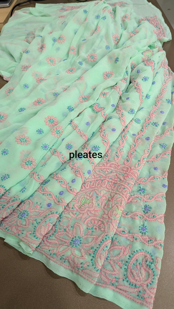 Faux Georgette Hand Chikankari Saree with Exclusive Border & designer Palla Design | Embroidered Blouse Included | Authentic Lucknow Handicraft by Paridhan Chikan