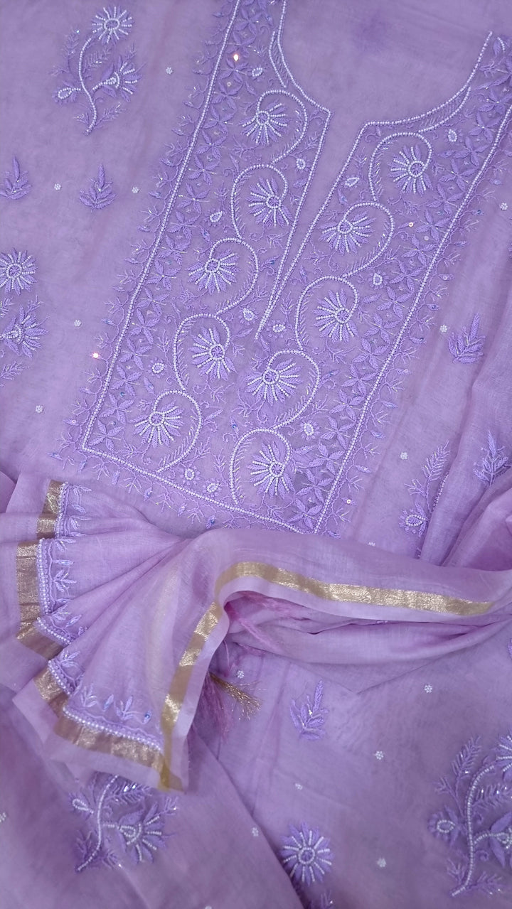 Premium Mul Chanderi Supersoft Dyeable Chikankari Dress Material | Hand Embroidered with Pearls & Cutdaana | Kurta & Dupatta Set