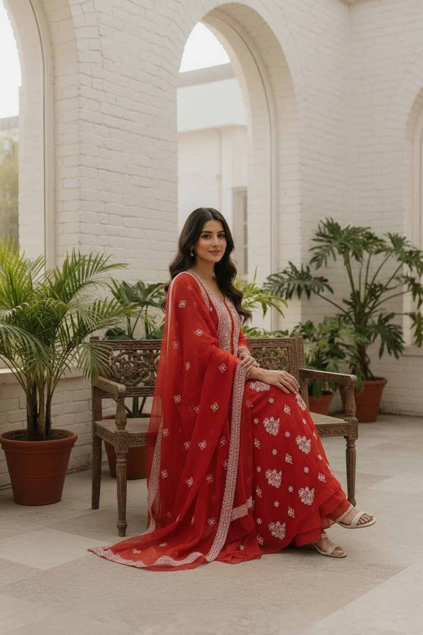"Paridhan Chikan Georgette Lucknowi Chikankari Unstitched Suit Set – Hand Embroidered Kurta, Bottom & Dupatta for Women"
