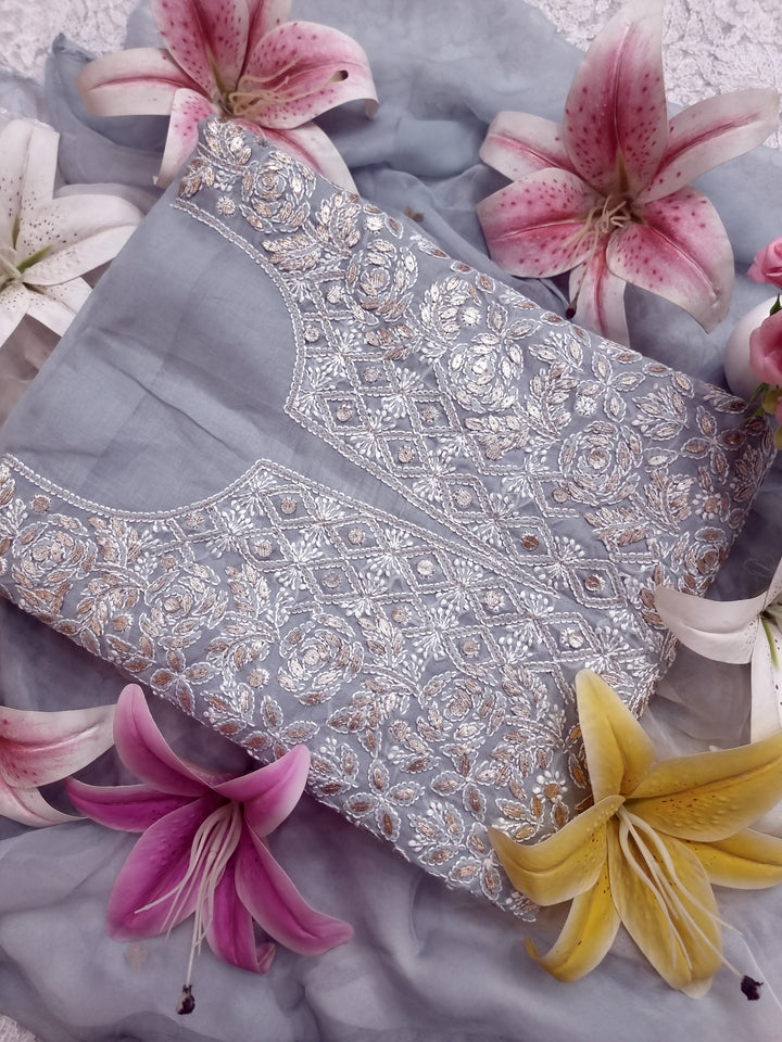 Grey Unstitched Soft Cotton Chikankari Suit Set – Aari, Kasab & Gotta Patti Embellished with Pure Chiffon Dupatta