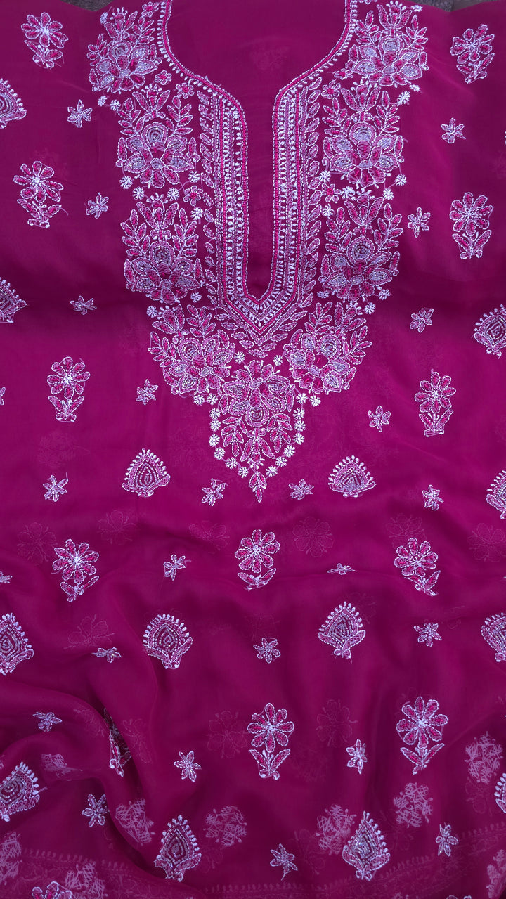 Alina Heavy Embellished Georgette Chikankari Unstitched Dress Material | Cutdana Handwork