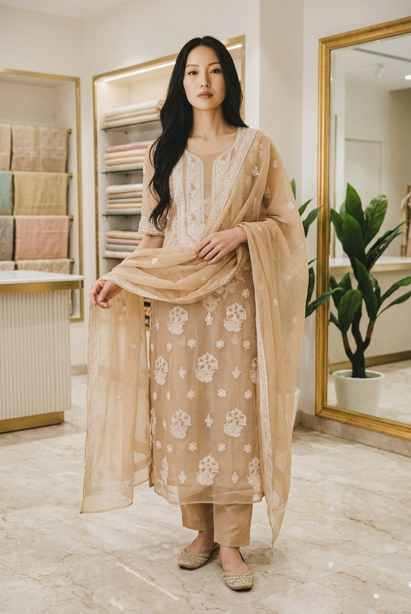 "Paridhan Chikan Georgette Lucknowi Chikankari Unstitched Suit Set – Hand Embroidered Kurta, Bottom & Dupatta for Women"