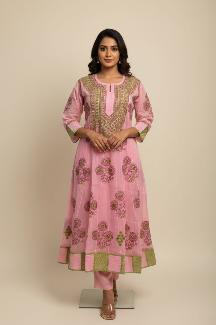 Cotton Lucknowi Chikankari 48" Long Anarkali Kurti | 100% Hand Embroidered| No Shrinkage