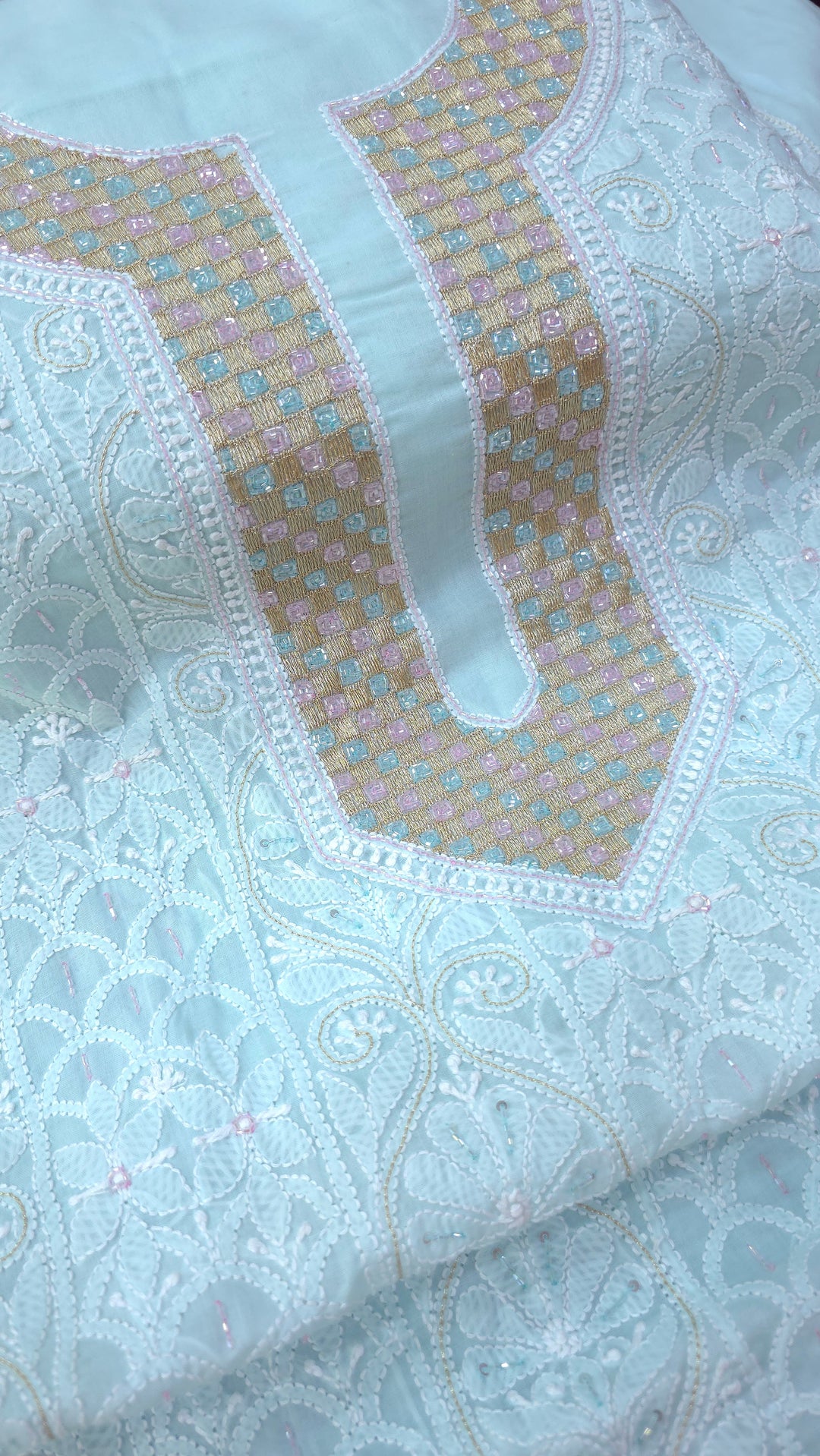 Afreen Premium Hand Embroidered Chikankari Cotton Unstitched Dress Material with Pure Chiffon Dupatta