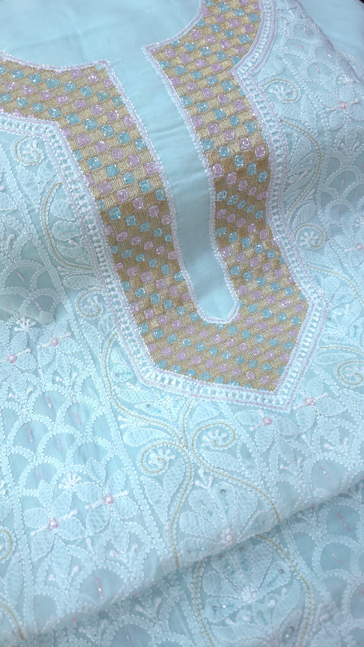 Afreen Premium Hand Embroidered Chikankari Cotton Unstitched Dress Material with Pure Chiffon Dupatta