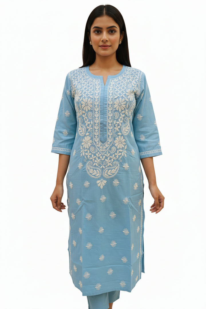 Soft Cotton Polo Fabric Lucknowi Chikankari Long Kurti | 100% Hand Embroidered | Non-Transparent | No Shrinkage