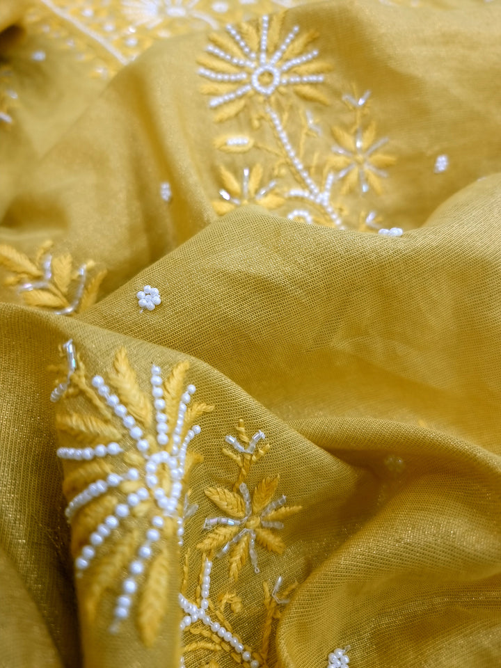 Soft Tissue Chikankari Unstitched Dress Material | 3 Taar Hand Embroidery with Pearl & Cutdana Work + Golden Border Dupatta