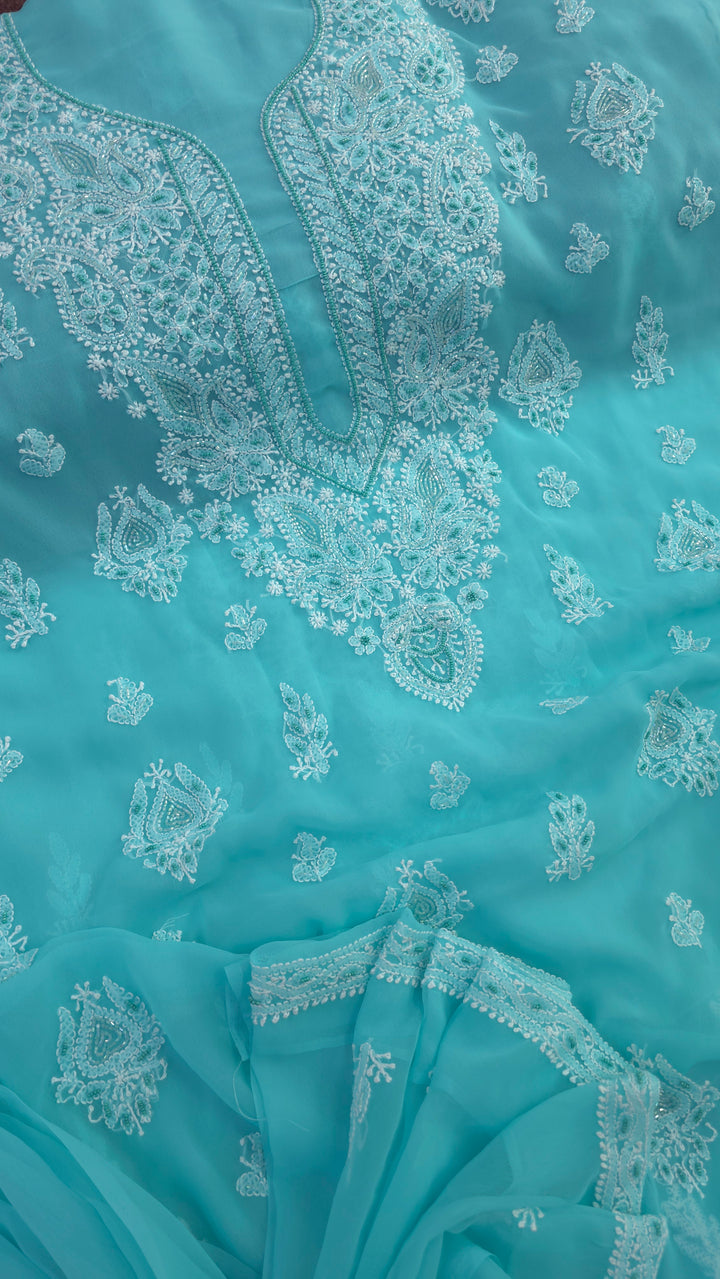 Alina Heavy Embellished Georgette Chikankari Unstitched Dress Material | Cutdana Handwork