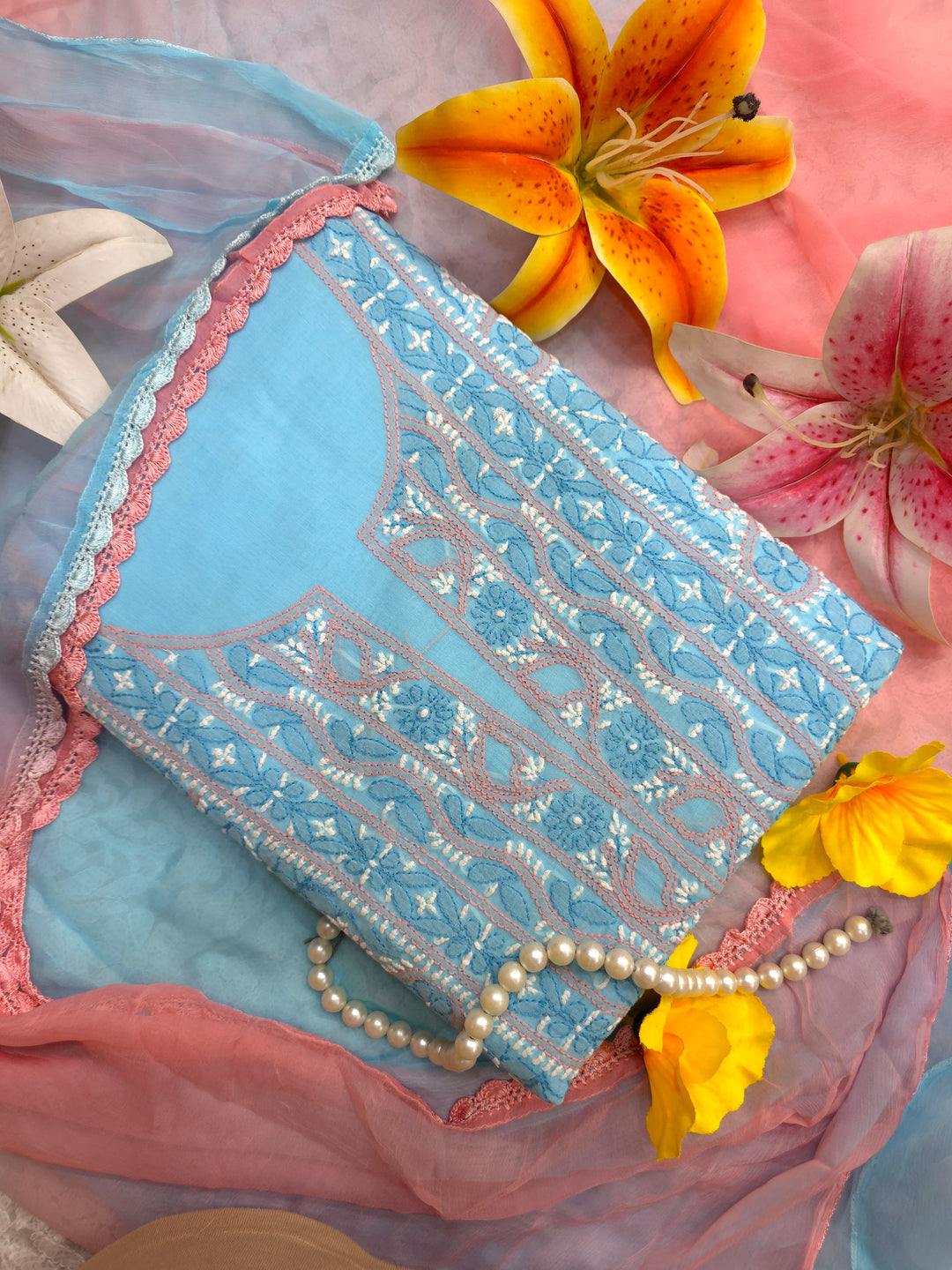 Lucknow Chikankari Hand Embroidered Cotton Dress Material with Tri-Color Motifs & Pure Chiffon Dupatta