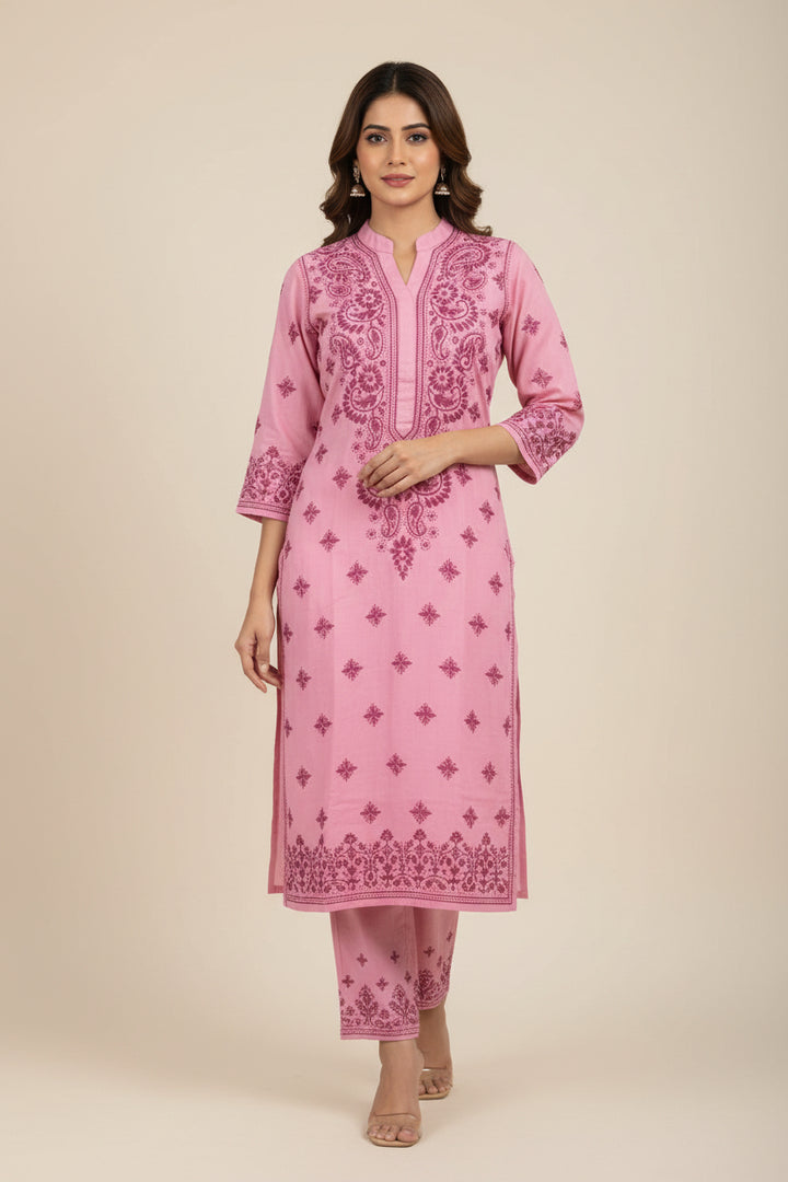 Soft Cotton Polo Fabric Lucknowi Chikankari Long Kurti | 100% Hand Embroidered | Non-Transparent | No Shrinkage