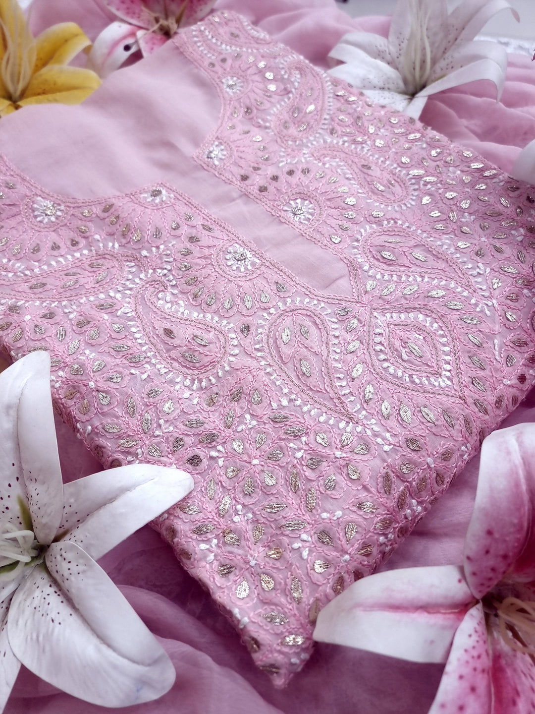 Pink Unstitched Soft Cotton Chikankari Suit Set – Aari, Kasab & Gotta Patti Embellished with Pure Chiffon Dupatta (Copy)