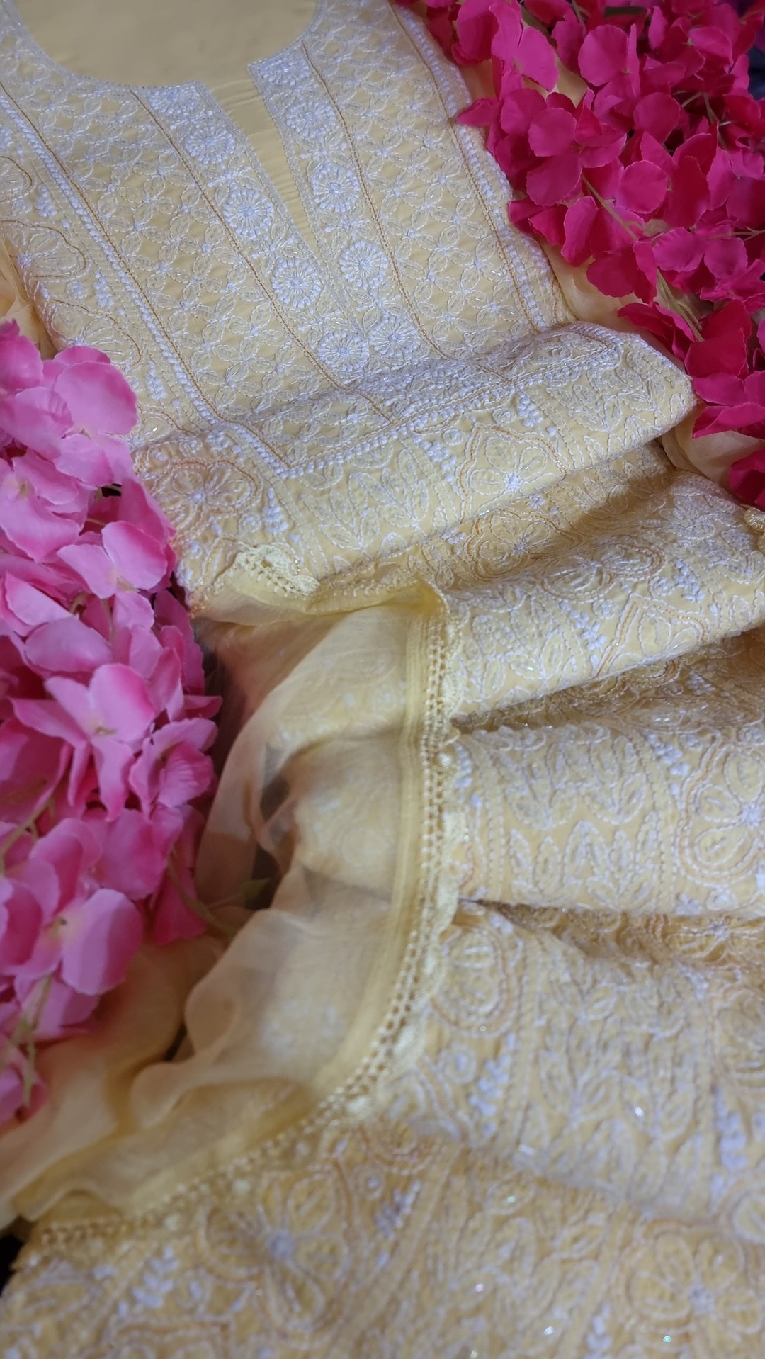 Unstitched Cotton Hand Embroidered Chikankari Dress Material with Cutdana, Resham & Badla Work | Pure Chiffon Dupatta | Lucknowi Artistry