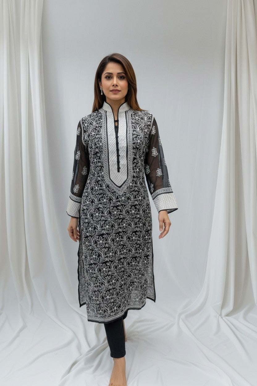 Women’s Georgette Chikankari Kurti – Designer Hand Embroidered Lucknowi Craft by Paridhan Chikan
