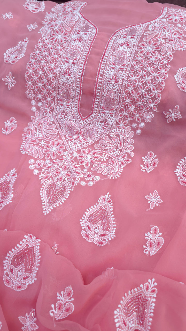 Alina Heavy Embellished Georgette Chikankari Unstitched Dress Material | Cutdana Handwork
