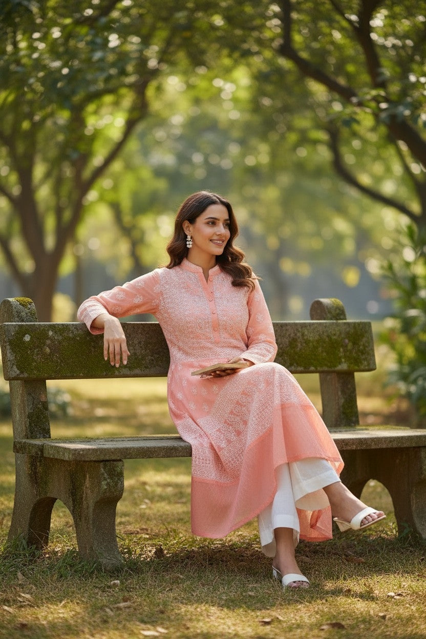 Cotton Lucknowi Chikankari 46" Long A-line Kurti | 100% Hand Embroidered| No Shrinkage