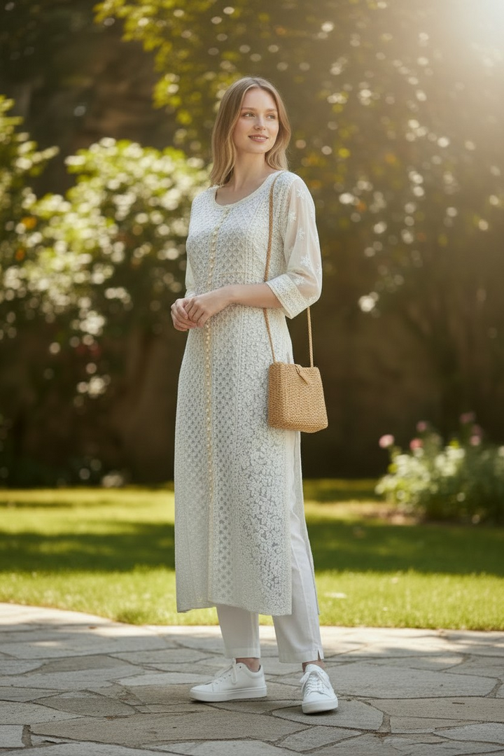 Women's Chikankari Georgette Front-Open Look Kurta | Hand Embroidered Lucknowi Ethnic Wear