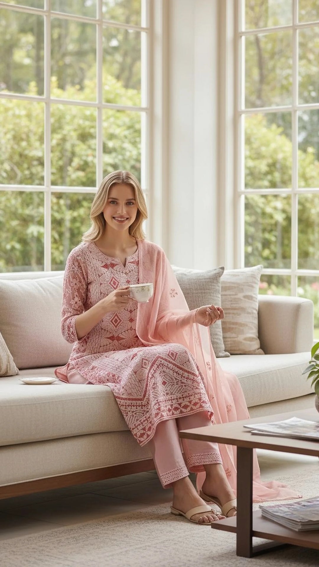 Unstitched Georgette Chikankari Dress Material | Hand Embroidered Kurta, Bottom & Dupatta