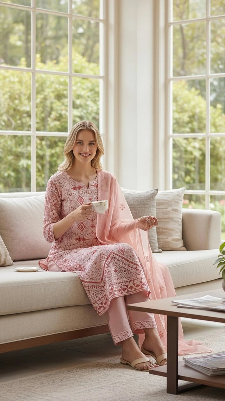 Unstitched Georgette Chikankari Dress Material | Hand Embroidered Kurta, Bottom & Dupatta