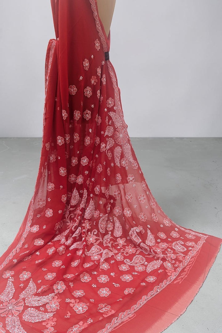 Faux Georgette Hand Chikankari Saree with Exclusive Border & Palla Design | Embroidered Blouse Included | Authentic Lucknow Handicraft by Paridhan Chikan