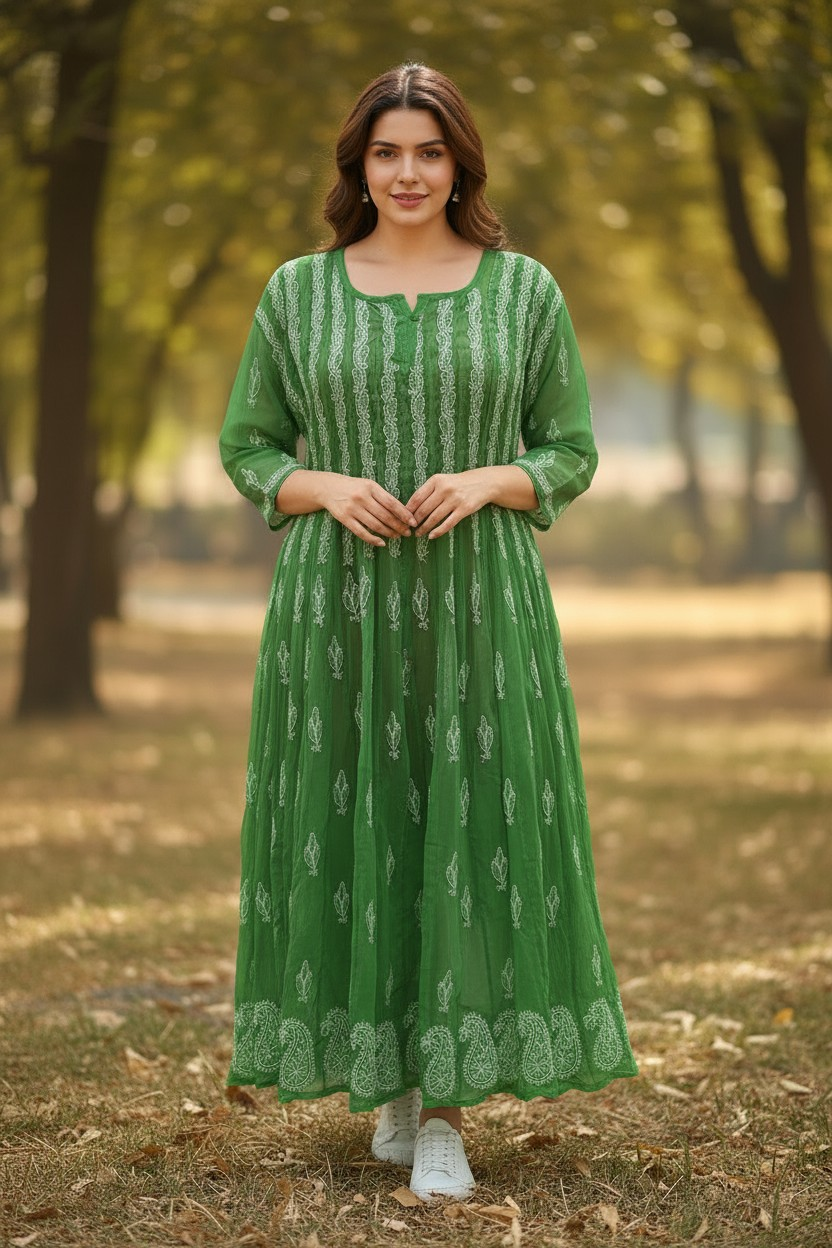 Georgette Lucknowi Chikankari 50" Long Anarkali Kurti | 100% Hand Embroidered| No Shrinkage