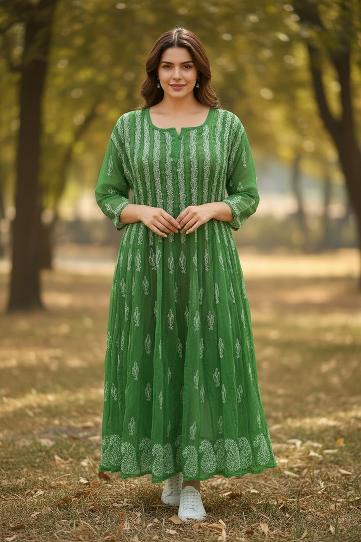 Georgette Lucknowi Chikankari 50" Long Anarkali Kurti | 100% Hand Embroidered| No Shrinkage