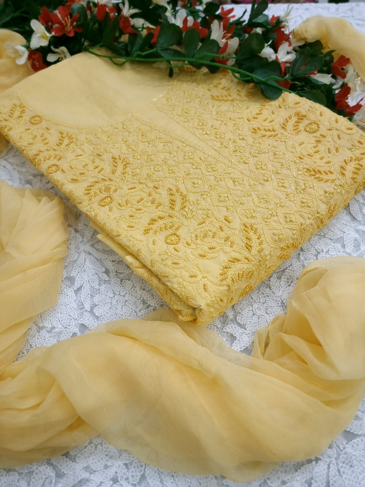 Paridhan Chikan Cotton Chikankari Unstitched Dress Material – 3 Pc Suit Set with Hand Embroidery & Pearl Work in Every Motif