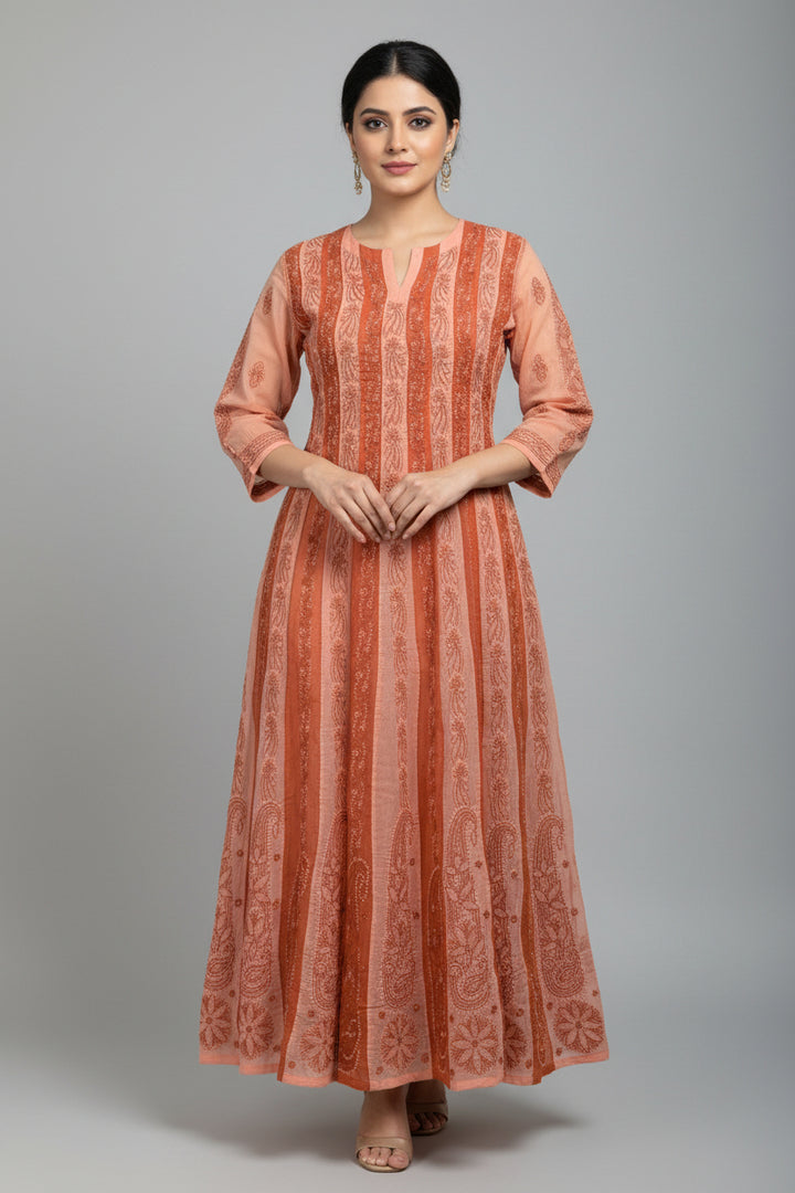 Cotton Lucknowi Chikankari 46" Long Anarkali Kurti | 100% Hand Embroidered| No Shrinkage
