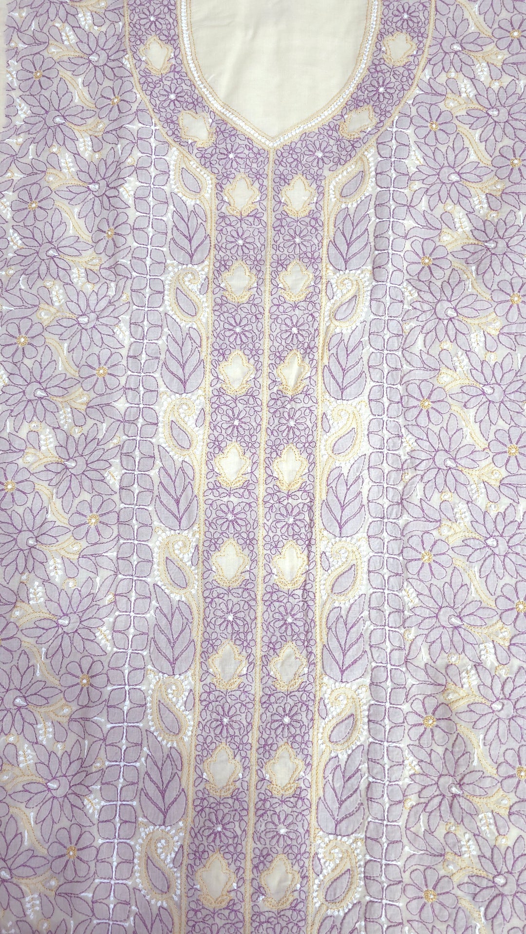 Lucknow Chikankari Hand Embroidered Cotton Dress Material with Tri-Color Motifs & Pure Chiffon Dupatta