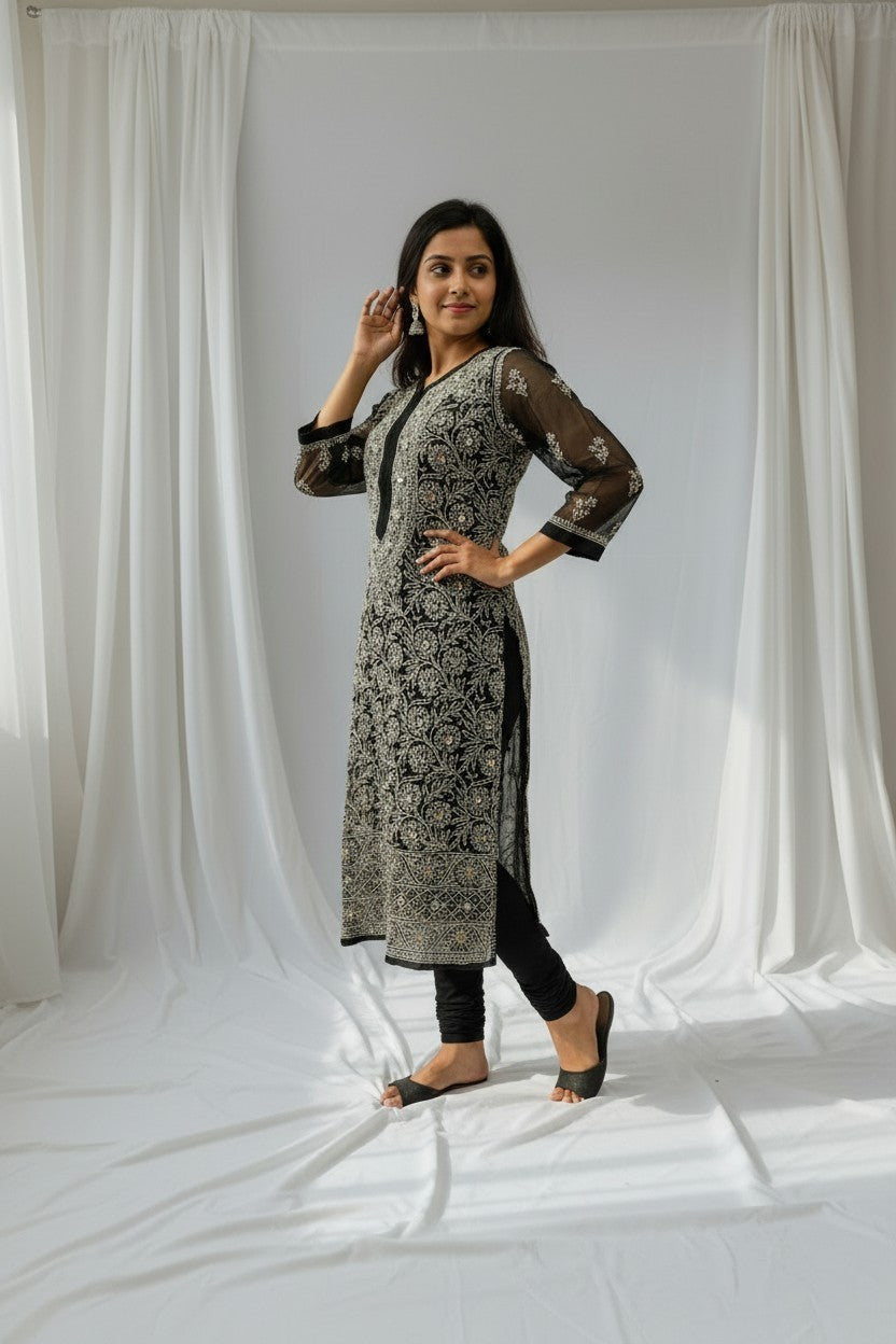 Raha Women’s Georgette Chikankari Kurti –Pearl, mirror n aari work -Designer Hand Embroidered Lucknowi Craft by Paridhan Chikan