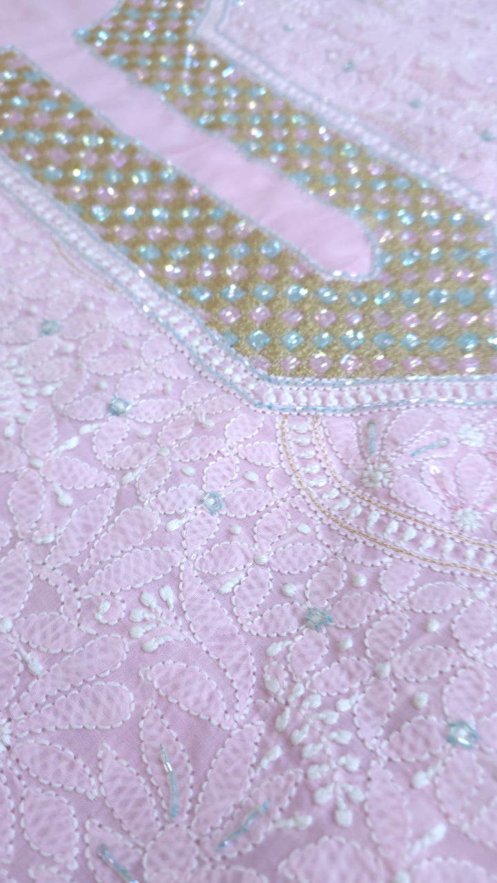 Premium Hand Embroidered Chikankari Cotton Unstitched Dress Material with Pure Chiffon Dupatta