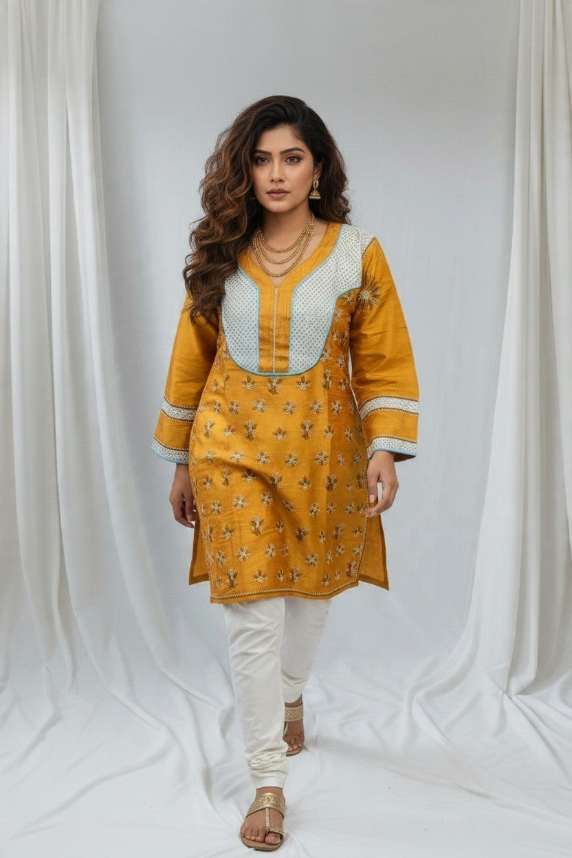 Saira Non Transparent - Soft Chanderi chikankari medium length kurti |36-38" approx