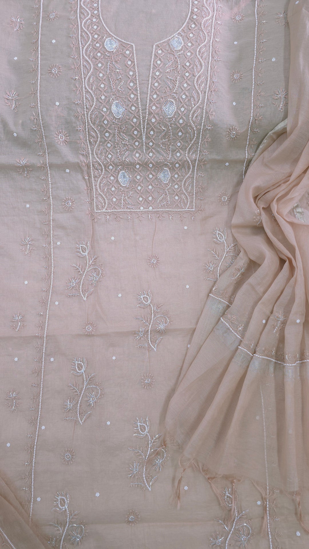 Premium Mul Chanderi Supersoft Dyeable Chikankari Dress Material | Hand Embroidered with Pearls & Cutdaana | Kurta & Dupatta Set