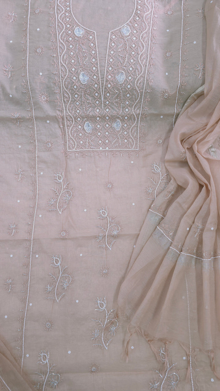 Premium Mul Chanderi Supersoft Dyeable Chikankari Dress Material | Hand Embroidered with Pearls & Cutdaana | Kurta & Dupatta Set