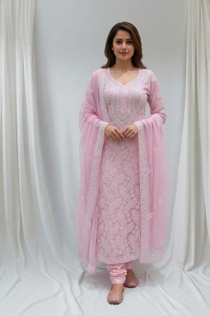 Unstitched Georgette Chikankari Dress Material | Hand Embroidered Kurta, Bottom & Dupatta