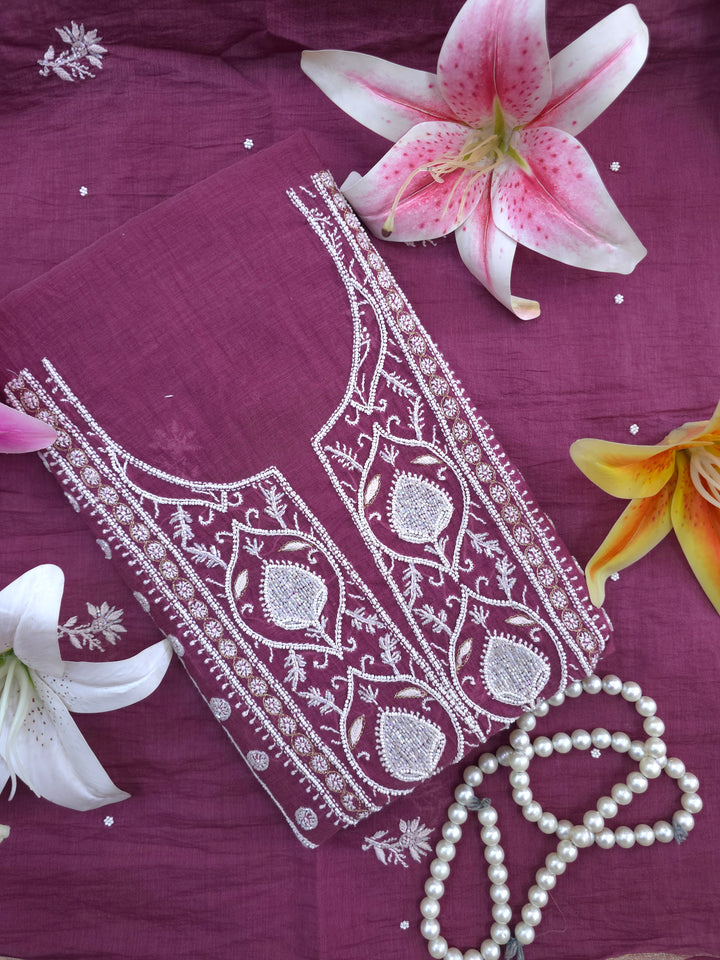 Premium Mul Chanderi Pearl, Cutdana & Kasab Hand Embroidered Unstitched Suit Set