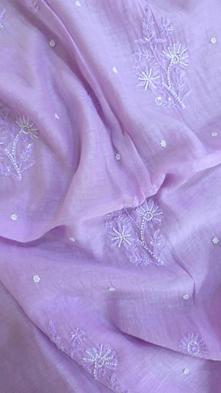 Hiba Premium Mul Chanderi Supersoft Dyeable Chikankari Dress Material | Hand Embroidered with Pearls & Cutdaana | Kurta & Dupatta Set