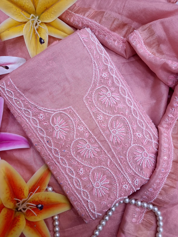 Soft Tissue Chikankari Unstitched Dress Material | 3 Taar Hand Embroidery with Pearl & Cutdana Work + Golden Border Dupatta