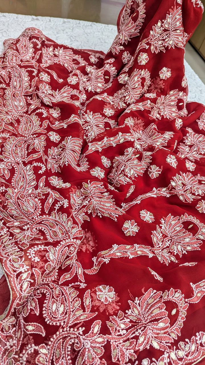 Embellished with Gota Patti | Hand Chikankari Faux Georgette Saree | Lucknowi Embroidery | Designer Festive Wear by Paridhan Chikan