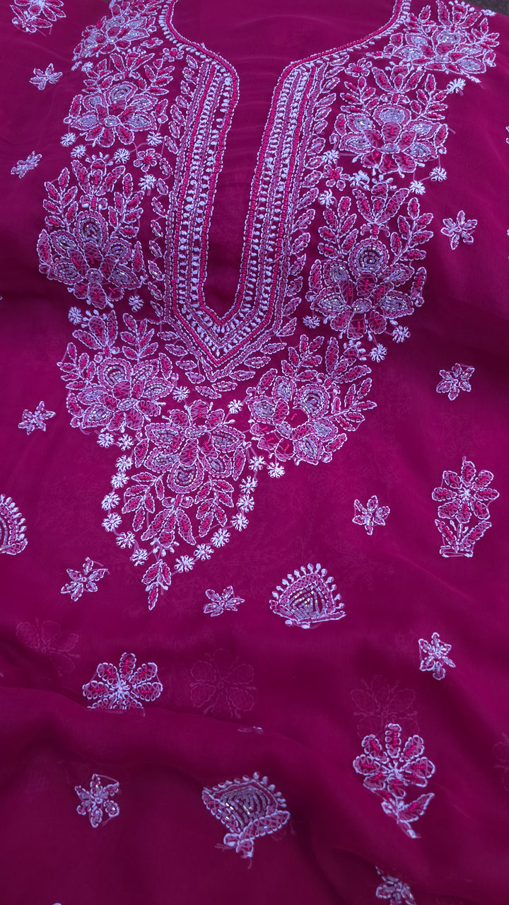 Alina Heavy Embellished Georgette Chikankari Unstitched Dress Material | Cutdana Handwork