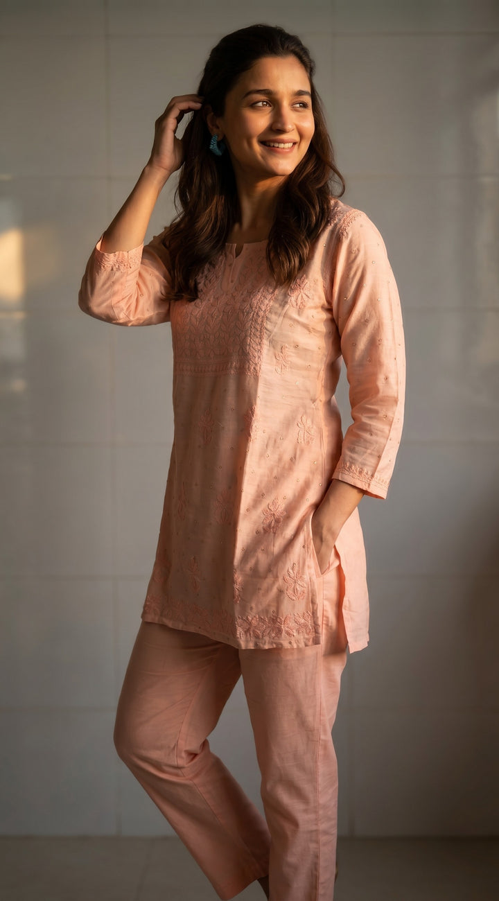 Alia Chikankari Chanderi Golden Zari Buti Short Top for Women | Soft & Non-Transparent | Paridhan Chikan